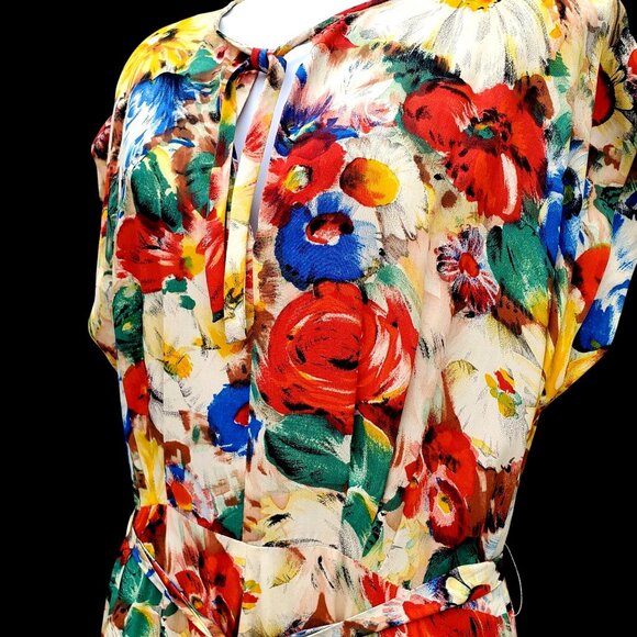 1930s Rayon Crepe Floral Day Midi Dress Size 6 8 with Side Metal Talon Zip - Picture 10 of 12